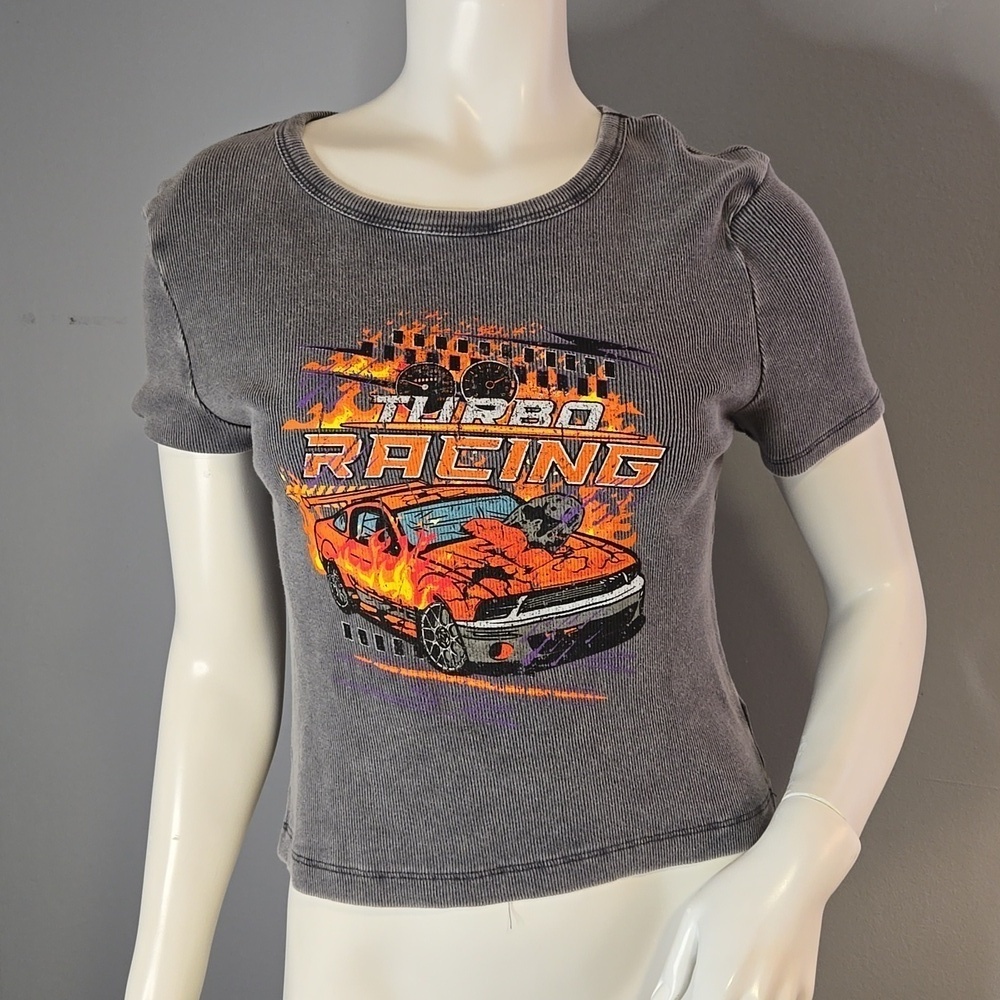 Social Culture Gray Ribbed Turbo Racing Short Sleeve Tee - Size Large